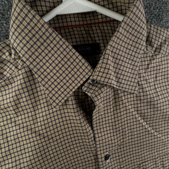 Eton Long Sleeve Button Up Shirt Men All Cotton Designer 16.5 Beige Blue Check - Picture 7 of 16